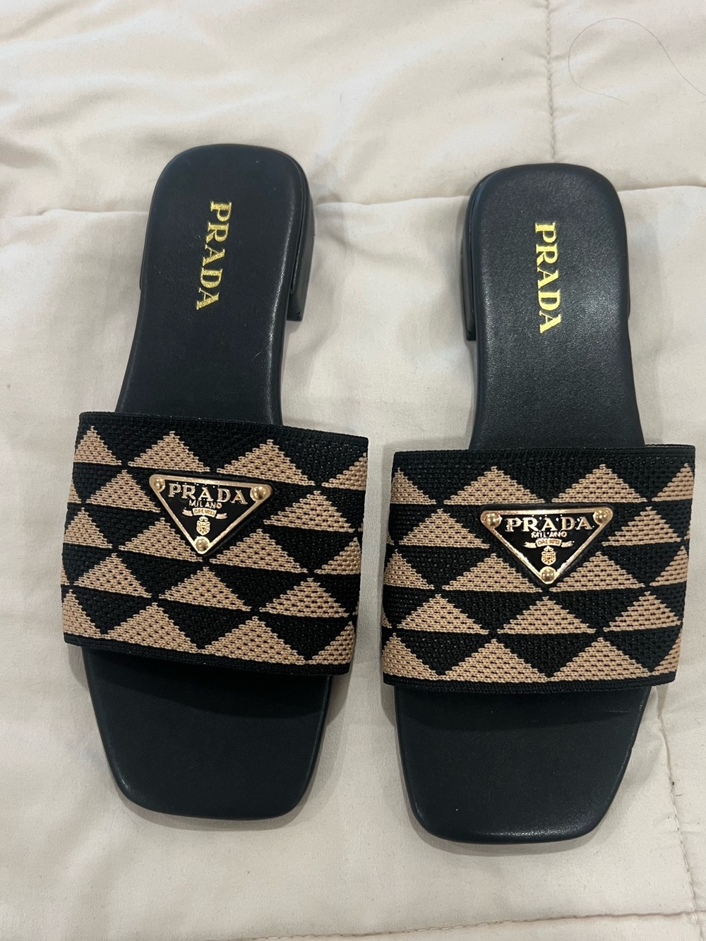 Black & Tan Geometric Slide Sandals
